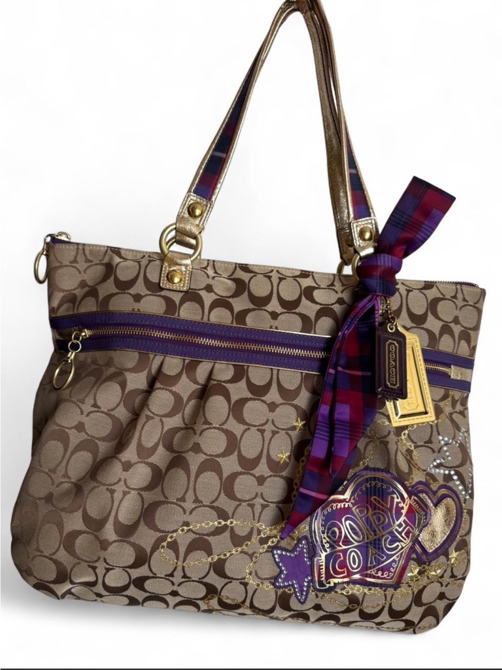 Coach Poppy Signature Canvas Tote with Purple Trim and Gold Accents